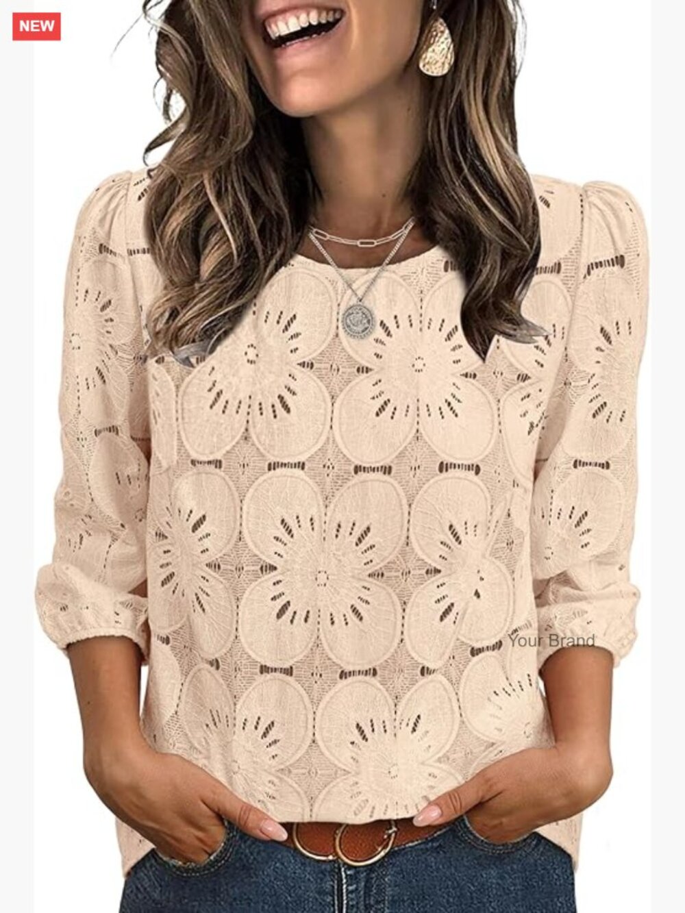 Women Blouses 3/4 Sleeve Eyelet Lace Top Peasant Blouse Spring Summer